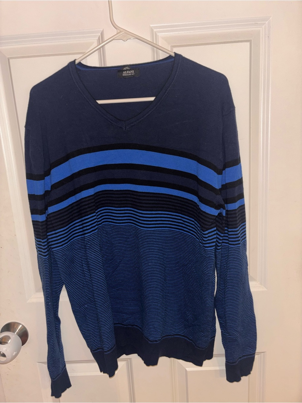 Alfani Navy and Bright Blue Striped V-Neck Sweater